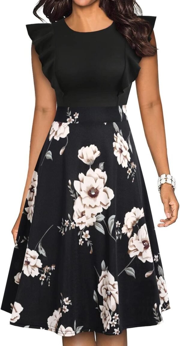 Women's Vintage Ruffle Floral Flared A Line Swing Casual Cocktail Party Dresses