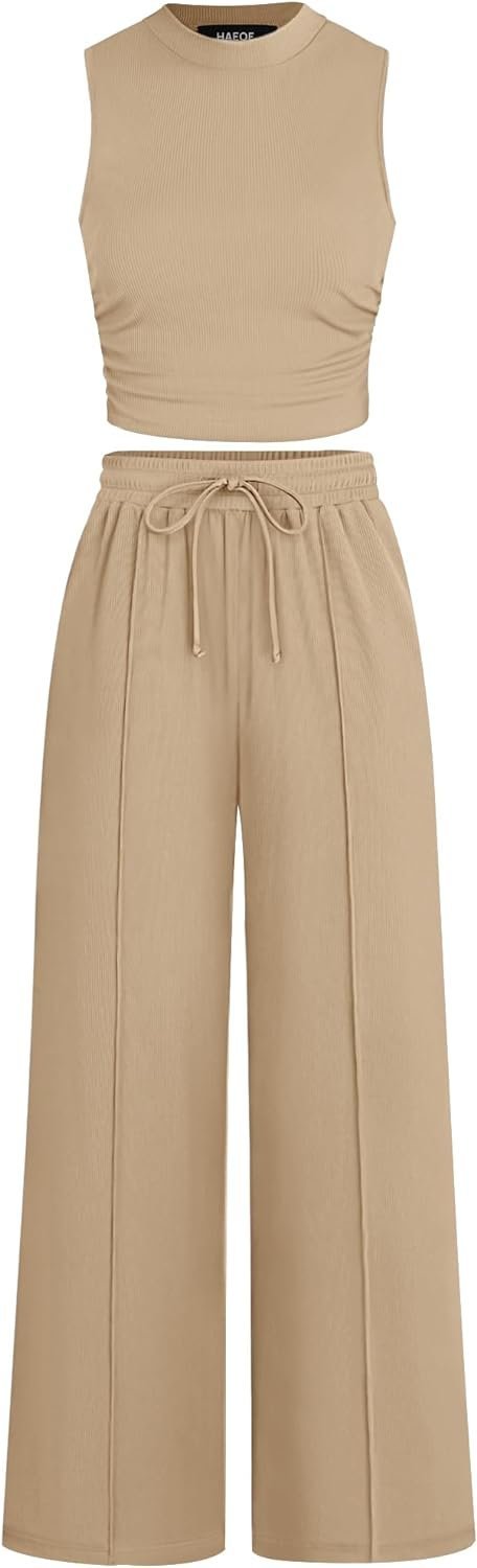 Women's 2024 Lounge Sets 2 Piece Summer Outfits Ribbed Crop Tank Tops Elastic High Waist Wide Leg Pants Matching Set