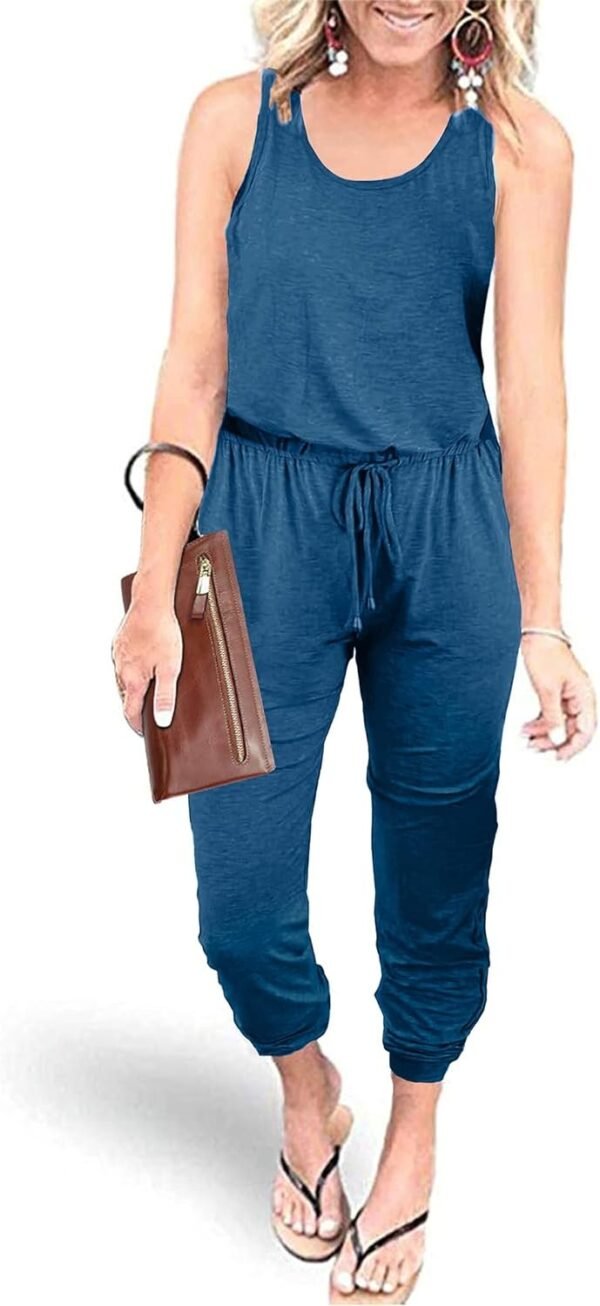 Womens Sleeveless Drawstring Elastic Waist Loose Jumpsuits