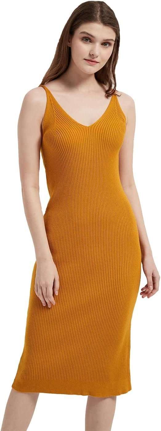 Women's Sleeveless Sweater Dress Knit Slim V Neck Bodycon Midi Stretchable Elasticity Slim Fits