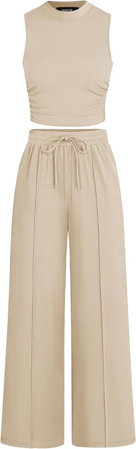 Women's 2024 Lounge Sets 2 Piece Summer Outfits Ribbed Crop Tank Tops Elastic High Waist Wide Leg Pants Matching Set