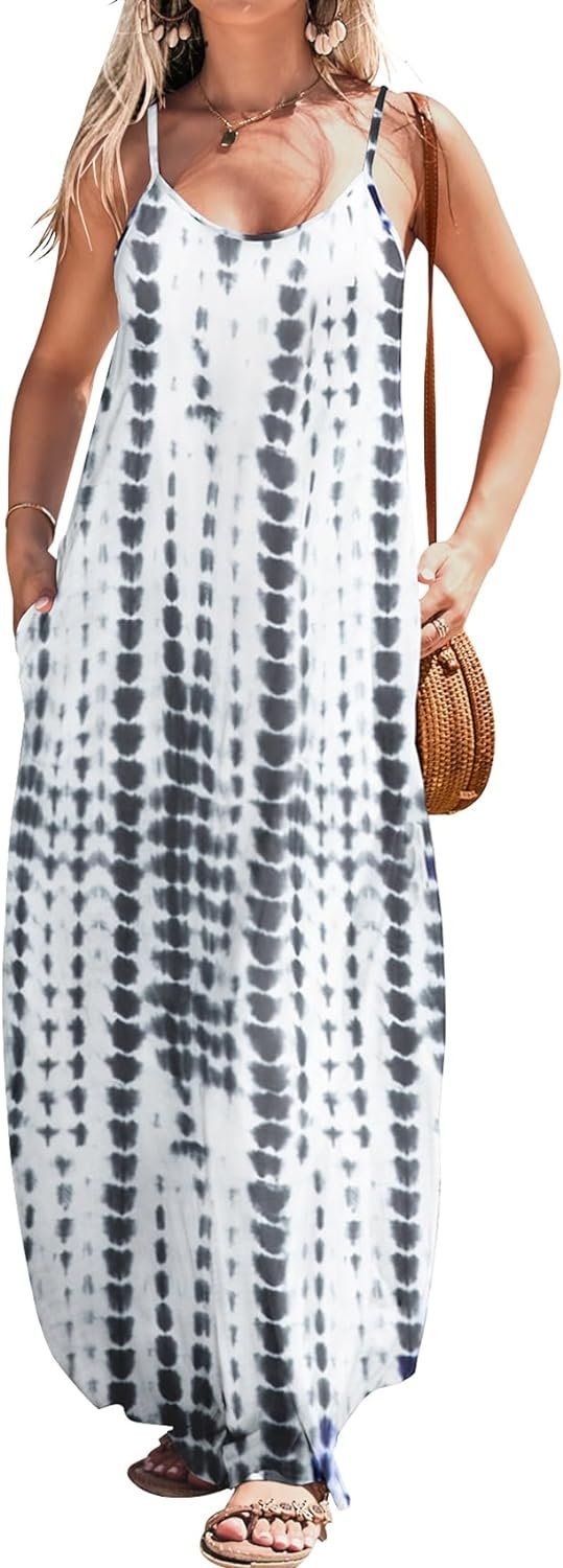 Women Summer Casual Bohemian Maxi Dress V-Neck Sleeveless Flowy Boho Floral Beach Long Dress with Pockets