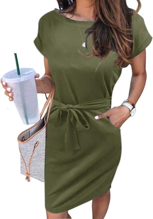 Women's Summer Striped Short Sleeve T Shirt Dress Casual Tie Waist with Pockets