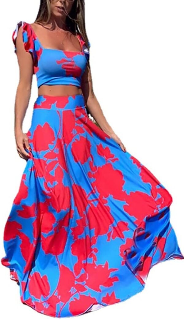 Womens Summer Sexy 2 Pieces Outfits Ruffle Floral Tank Top Wrap Boho Tropical Long Skirt Set Clubwear Dresses