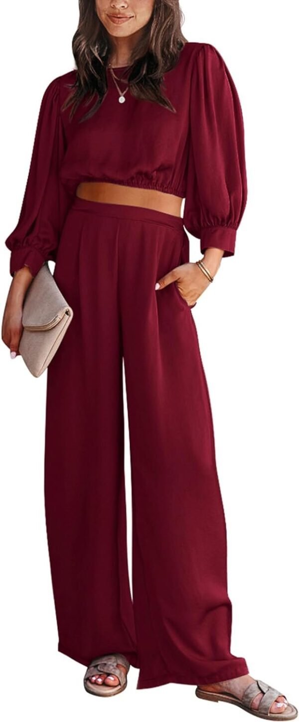 Women's 2 Piece Lounge Set Satin Outfits 2023 Spring Casual Long Puff Sleeve Crop Tops Loose Wide Long Palazzo Pants