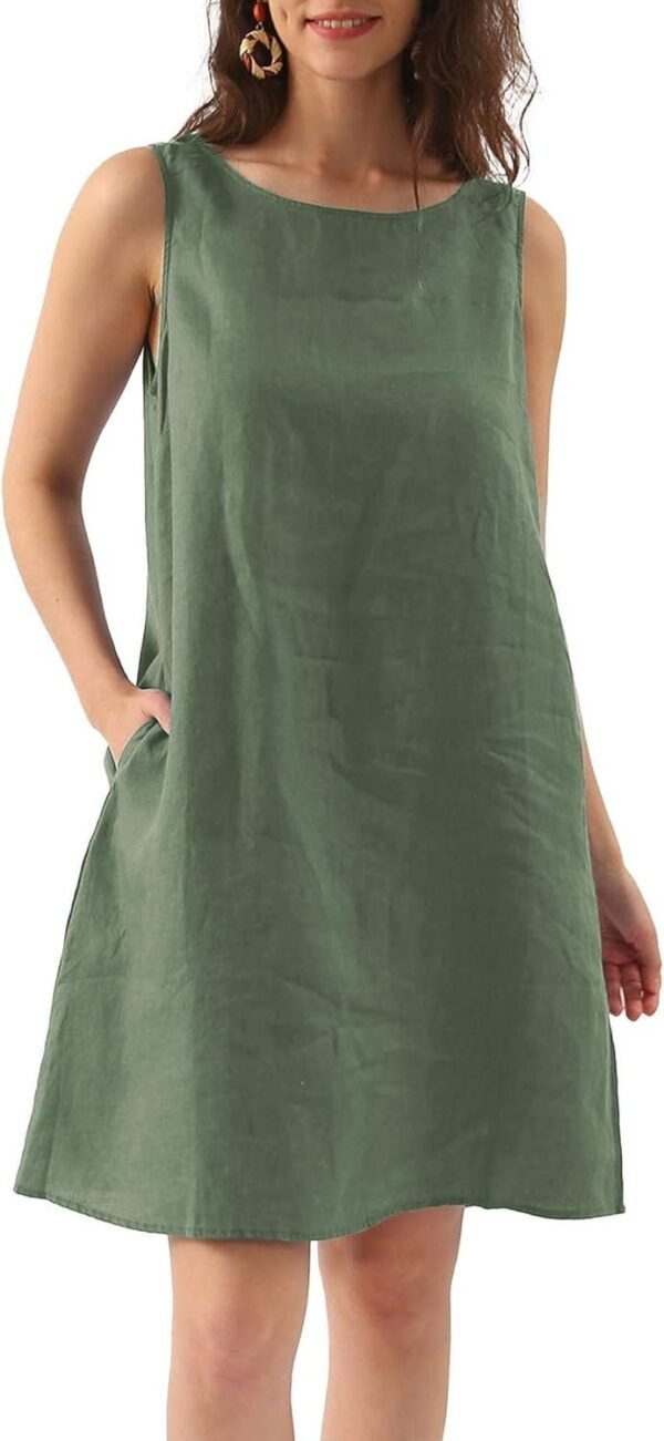 Women's Linen Sleeveless Shift Dress with Pockets Crew Neck Casual Tank Dress