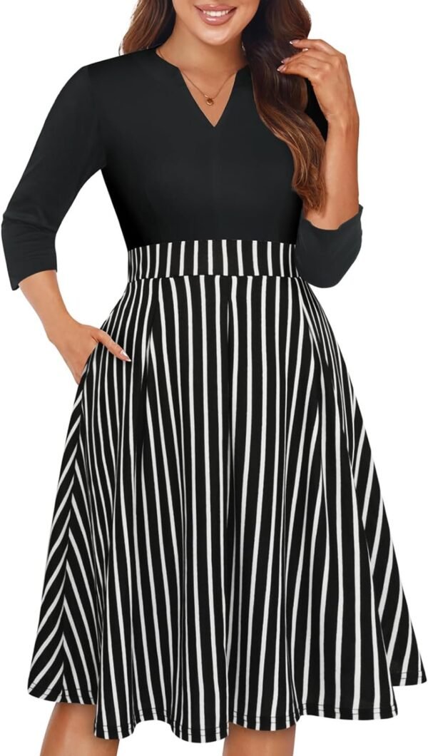 Womens Elegant Print Notched Neck Slant Pocket Pleated Hem Casual A-Line Dress