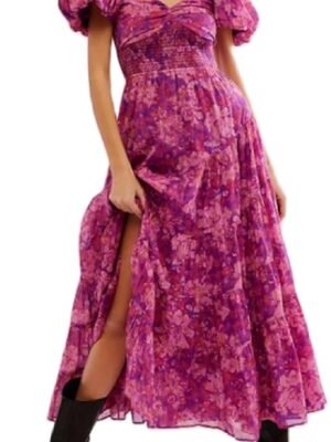 Women’s Floral Smocked Maxi Dress Boho Puff Sleeve Sweetheart A-Line Flowy Long Dresses Y2K Swing Beach Sundress