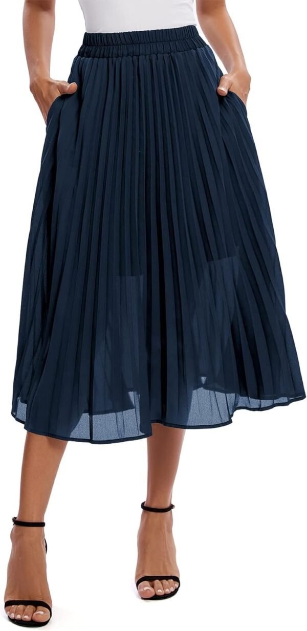 Women's Elastic High Wasit Pleated Skirt Woven Casual Midi Swing Skirt
