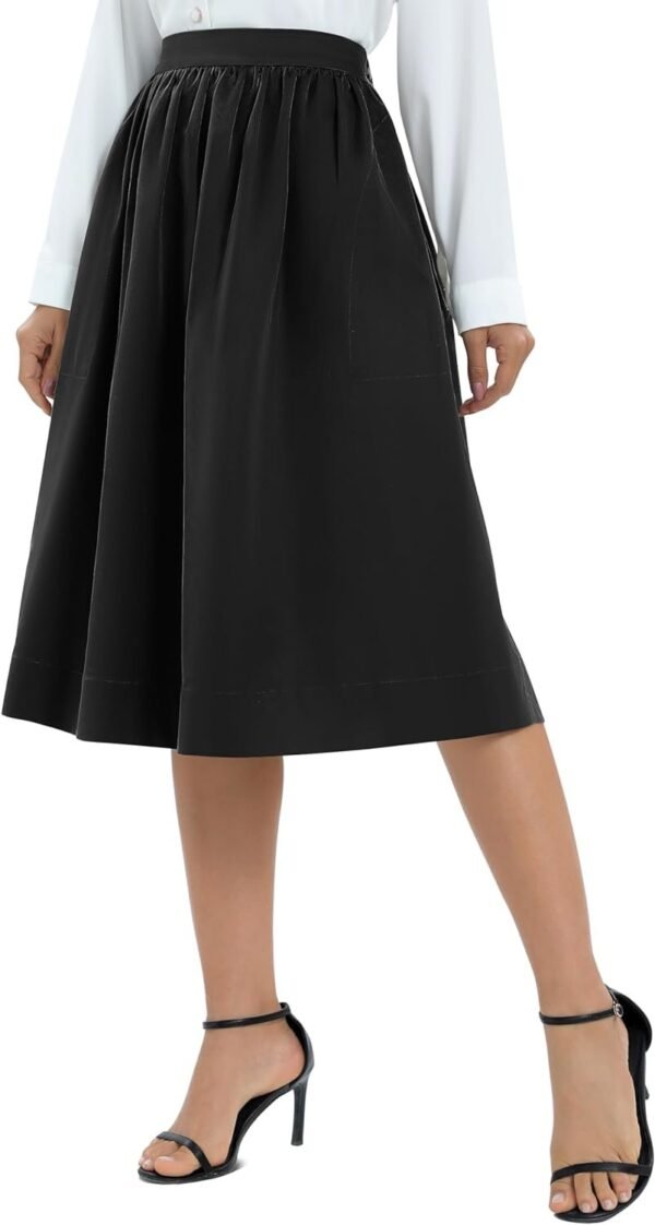 Women's Casual Elastic Waist Vintage A-Line Pleated Flared Midi Skirt with Pockets