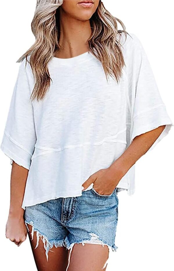 Womens Fashion T-Shirt CrewNeck 3/4 Sleeves Solid Color Loose Basic Pullover Tops Summer Casual Tees Blouses
