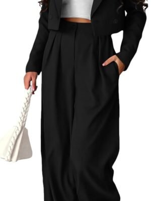Womens Cropped Blazer Jackets High Waisted Wide Leg Work Pants Suit Set