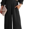Women's 2 Piece Lounge Set Satin Outfits 2023 Spring Casual Long Puff Sleeve Crop Tops Loose Wide Long Palazzo Pants