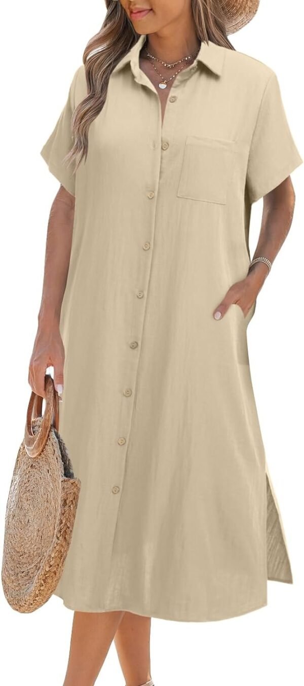 Womens Dress Summer Casual Short Sleeve Button Down Shirt Dress Beach Cover Up Dress with Pockets