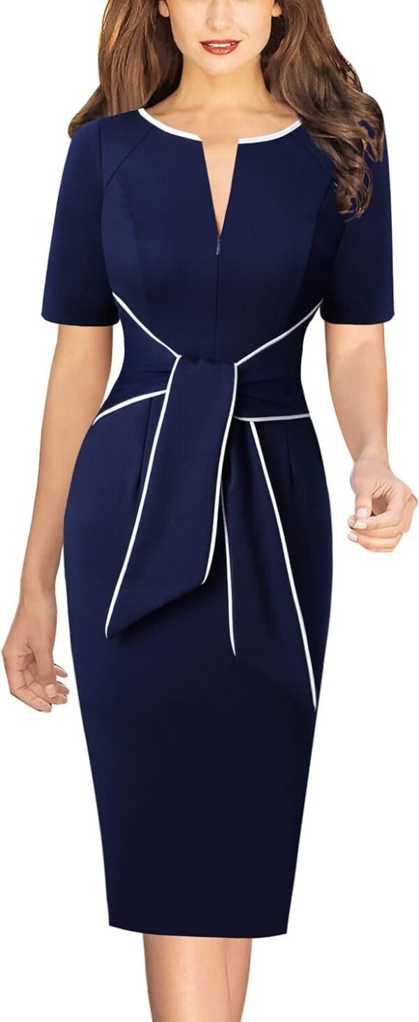 Womens Front Zipper Tie Waist Slim Work Business Office Bodycon Pencil Dress