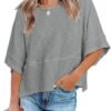 Womens Fashion T-Shirt CrewNeck 3/4 Sleeves Solid Color Loose Basic Pullover Tops Summer Casual Tees Blouses