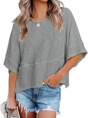 Womens Fashion T-Shirt CrewNeck 3/4 Sleeves Solid Color Loose Basic Pullover Tops Summer Casual Tees Blouses