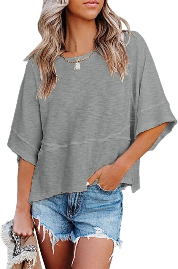 Womens Fashion T-Shirt CrewNeck 3/4 Sleeves Solid Color Loose Basic Pullover Tops Summer Casual Tees Blouses