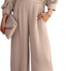 Women's 2 Piece Lounge Set Satin Outfits 2023 Spring Casual Long Puff Sleeve Crop Tops Loose Wide Long Palazzo Pants