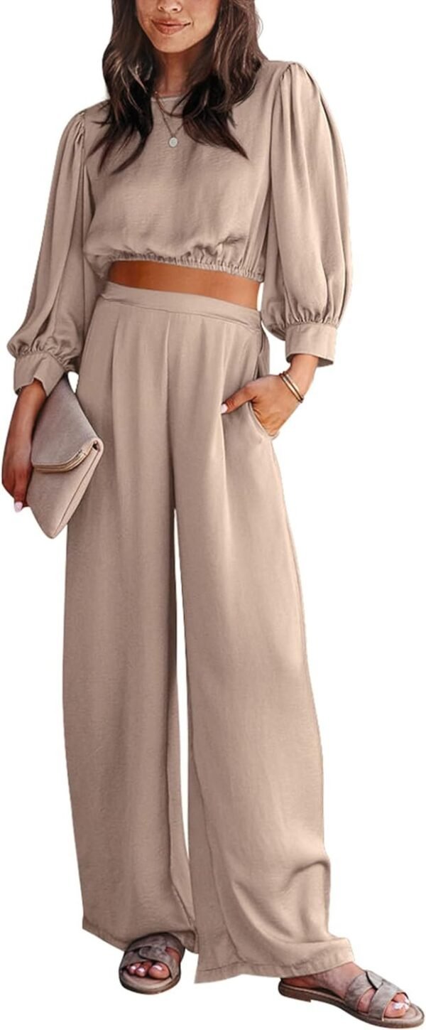 Women's 2 Piece Lounge Set Satin Outfits 2023 Spring Casual Long Puff Sleeve Crop Tops Loose Wide Long Palazzo Pants