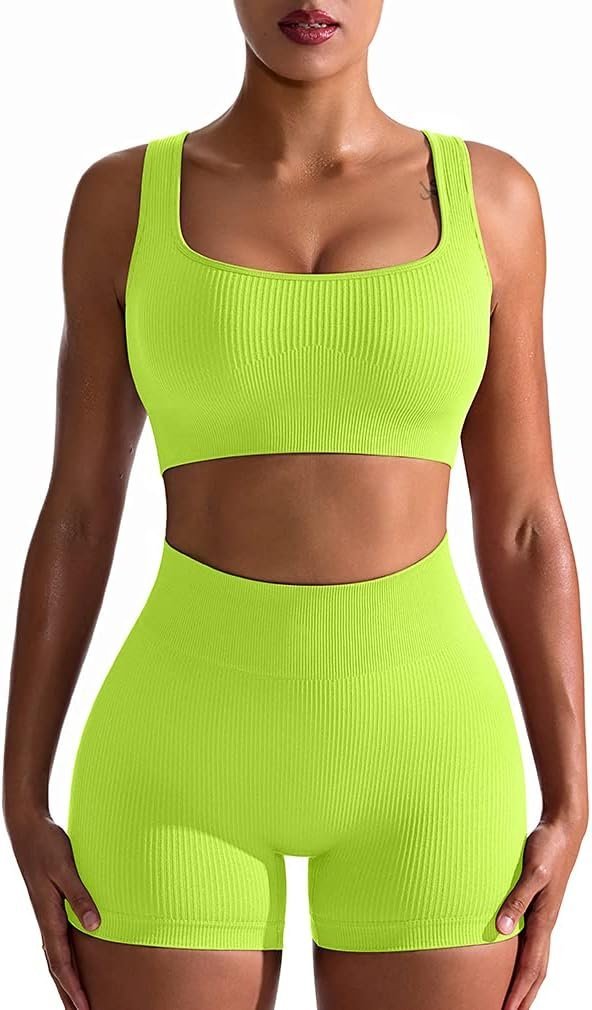 Workout Outfits for Women 2 Piece Seamless Ribbed High Waist Leggings with Sports Bra Exercise Set…