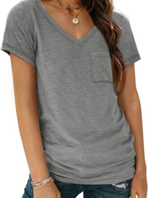 Womens T Shirts Short Sleeve V Neck Tops with Pockets Summer Fashion Trendy Soft Casual Comfy Outfits Clothes 2024