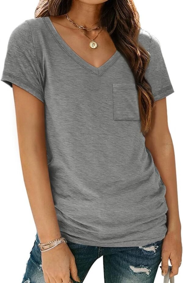 Womens T Shirts Short Sleeve V Neck Tops with Pockets Summer Fashion Trendy Soft Casual Comfy Outfits Clothes 2024
