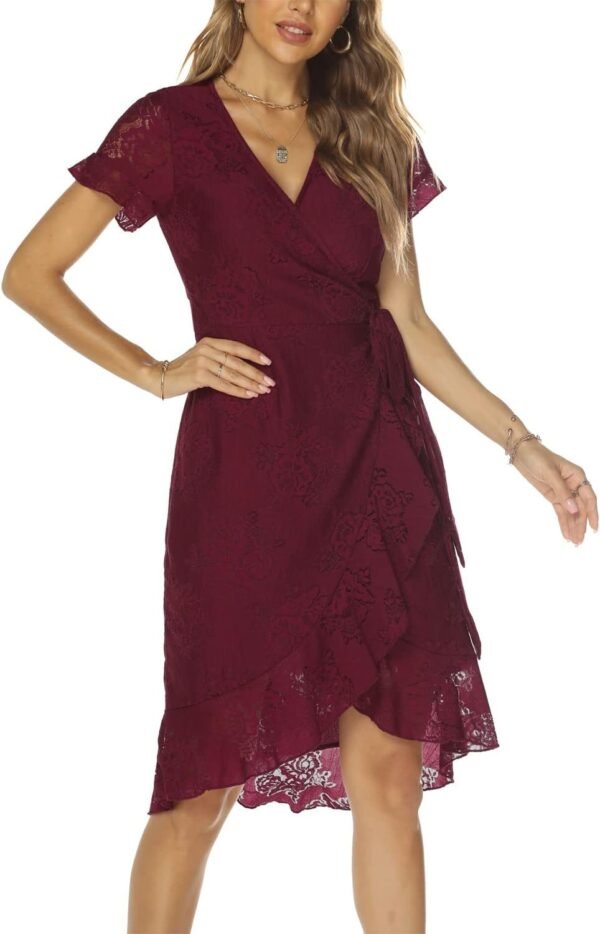 Women's Classic Floral Lace V Neck Wrap Dress Wedding Guest Ruffle Hem Split High Low Midi Cocktail Dresses 942