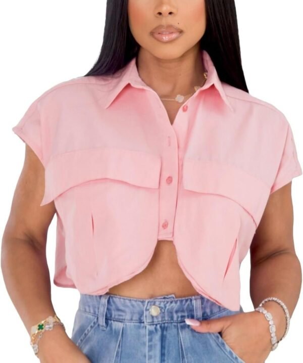 2024 Women's Summer Cute Button Down Shirts Crop Tops Fashion Lapel Cap Sleeves Blouse Trendy Streetwear