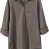 Women's Long Sleeve Shirts Button Down Blouse Cotton Tunic High Low Tops