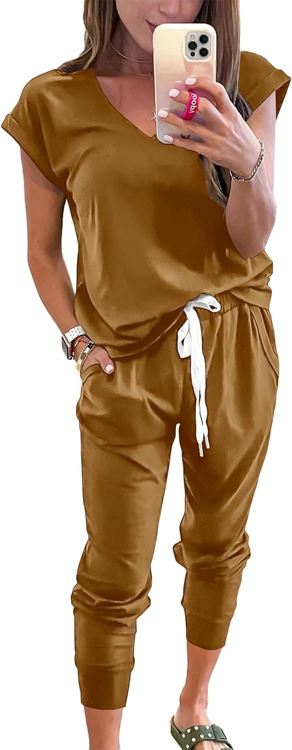 Womens V Neck Short Sleeve Top And Long Pants