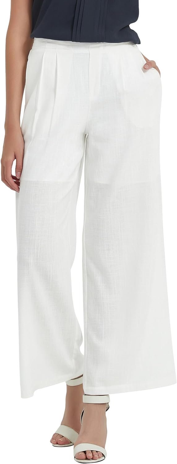 Women's Drape Linen Pants Summer Wide Leg Trousers Compact Fabric with Pockets