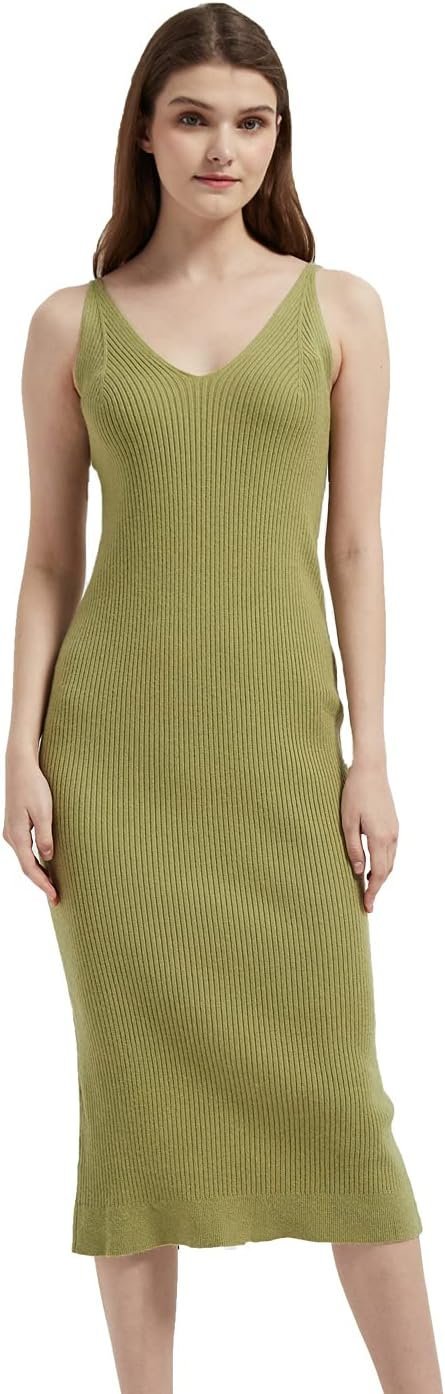 Women's Sleeveless Sweater Dress Knit Slim V Neck Bodycon Midi Stretchable Elasticity Slim Fits