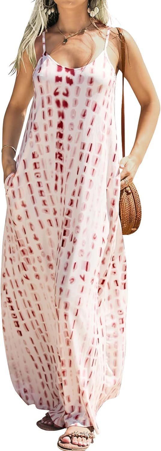 Women Summer Casual Bohemian Maxi Dress V-Neck Sleeveless Flowy Boho Floral Beach Long Dress with Pockets