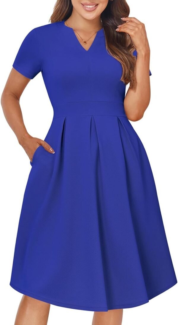 Womens Elegant Print Notched Neck Slant Pocket Pleated Hem Casual A-Line Dress