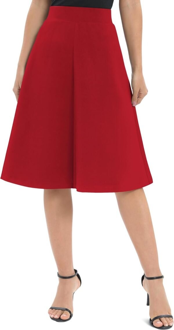 Women's A-Line Elastic High Waist Flare Work Midi Knee Length Stretchy Skirt