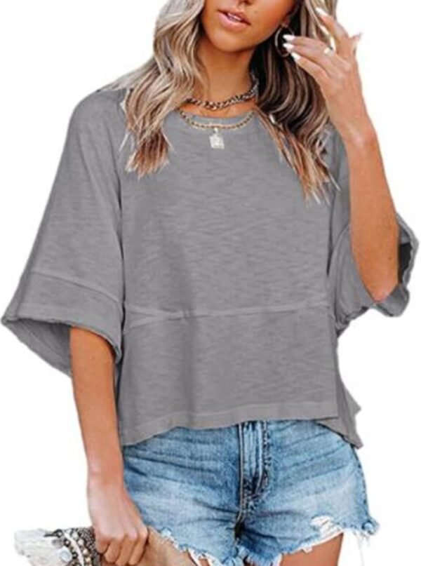 Womens Fashion T-Shirt CrewNeck 3/4 Sleeves Solid Color Loose Basic Pullover Tops Summer Casual Tees Blouses