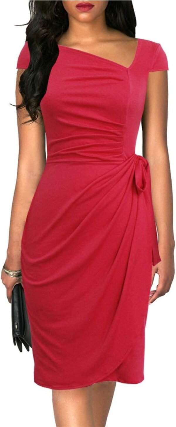 Women's Retro 1950s Cap Sleeve Knee-Length Sheath Slim Business Casual Party Ruched Bodycon Faux Wrap Dress