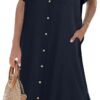 Womens Dress Summer Casual Short Sleeve Button Down Shirt Dress Beach Cover Up Dress with Pockets