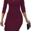 Women's Sexy V Neck 3/4 Sleeve Vintage Warp Ruffle Ruched Bodycon Cocktail Party Midi Dress