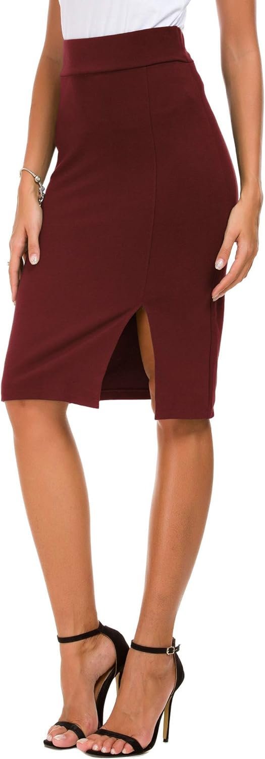 Women's Knee Length Stretch Pencil Skirt High Waisted Bodycon Midi Straight Skirt