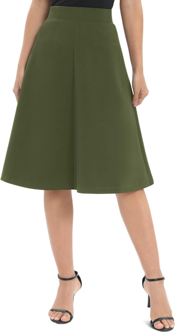 Women's A-Line Elastic High Waist Flare Work Midi Knee Length Stretchy Skirt