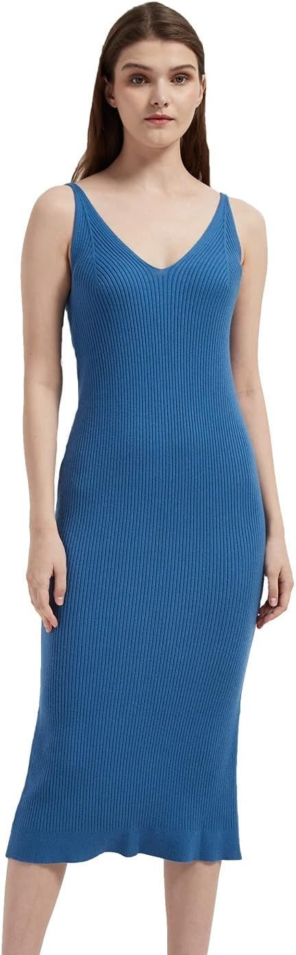 Women's Sleeveless Sweater Dress Knit Slim V Neck Bodycon Midi Stretchable Elasticity Slim Fits