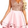 Women's Sequin Glitter V Neck Skater Mini Club Cocktail Party Swing Dress