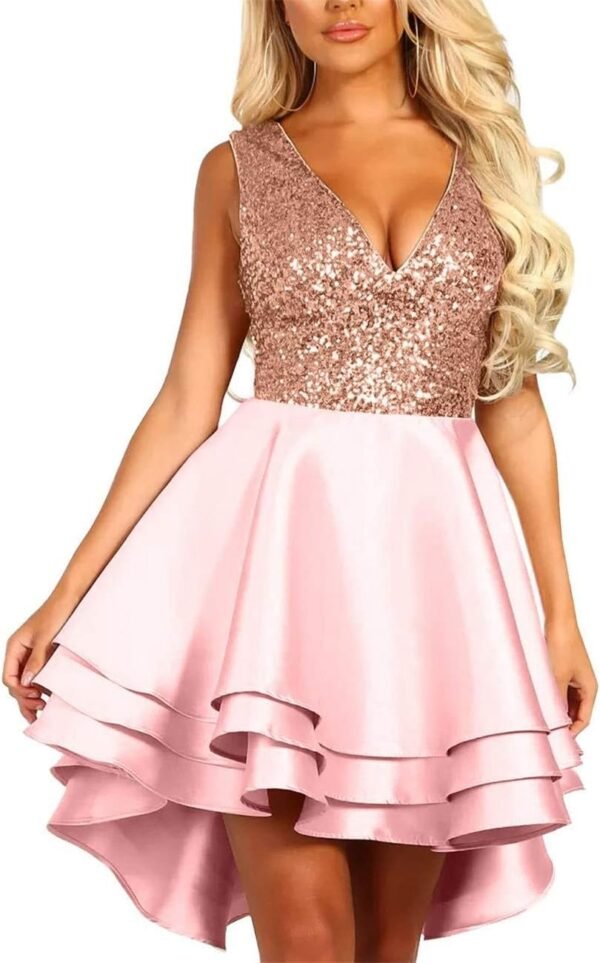 Women's Sequin Glitter V Neck Skater Mini Club Cocktail Party Swing Dress