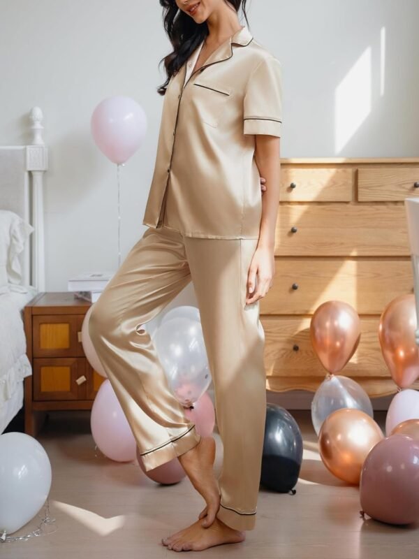 Silk Pajama Set for Women Satin Short Sleeve Sleepwear Button Down Loungewear 2 Piece Pj Sets