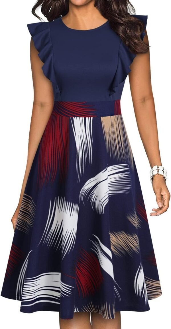 Women's Vintage Ruffle Floral Flared A Line Swing Casual Cocktail Party Dresses