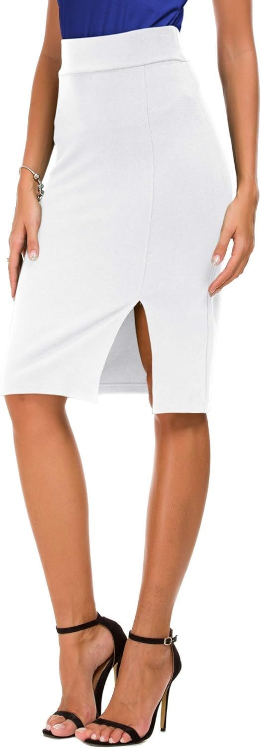 Women's Knee Length Stretch Pencil Skirt High Waisted Bodycon Midi Straight Skirt