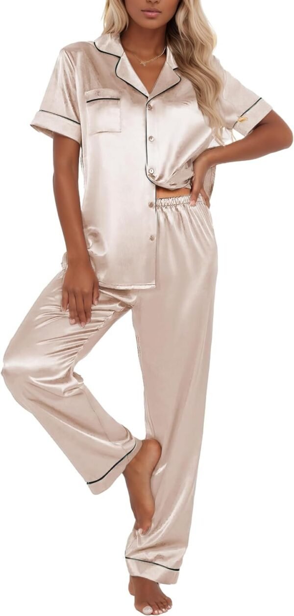 Silk Pajama Set for Women Satin Short Sleeve Sleepwear Button Down Loungewear 2 Piece Pj Sets