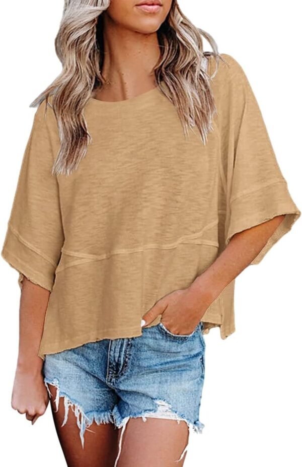 Womens Fashion T-Shirt CrewNeck 3/4 Sleeves Solid Color Loose Basic Pullover Tops Summer Casual Tees Blouses